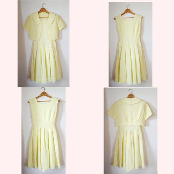 Vintage 1950s Yellow Waffle Dress Jacket Suit XS 2 - Picture 3 of 4